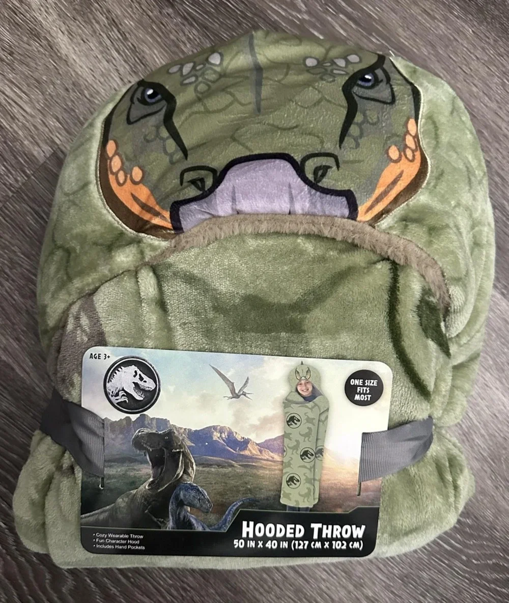 Jurassic World Hooded Throw Blanket 50x40 Kids Green Soft Plush Dinosaur New